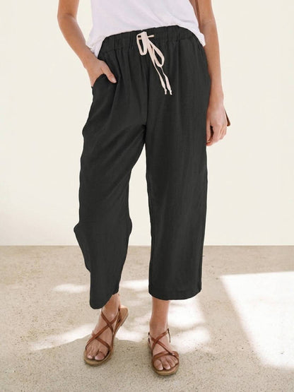 Odette | Women's Light Beige Linen Drawstring Ankle Pants