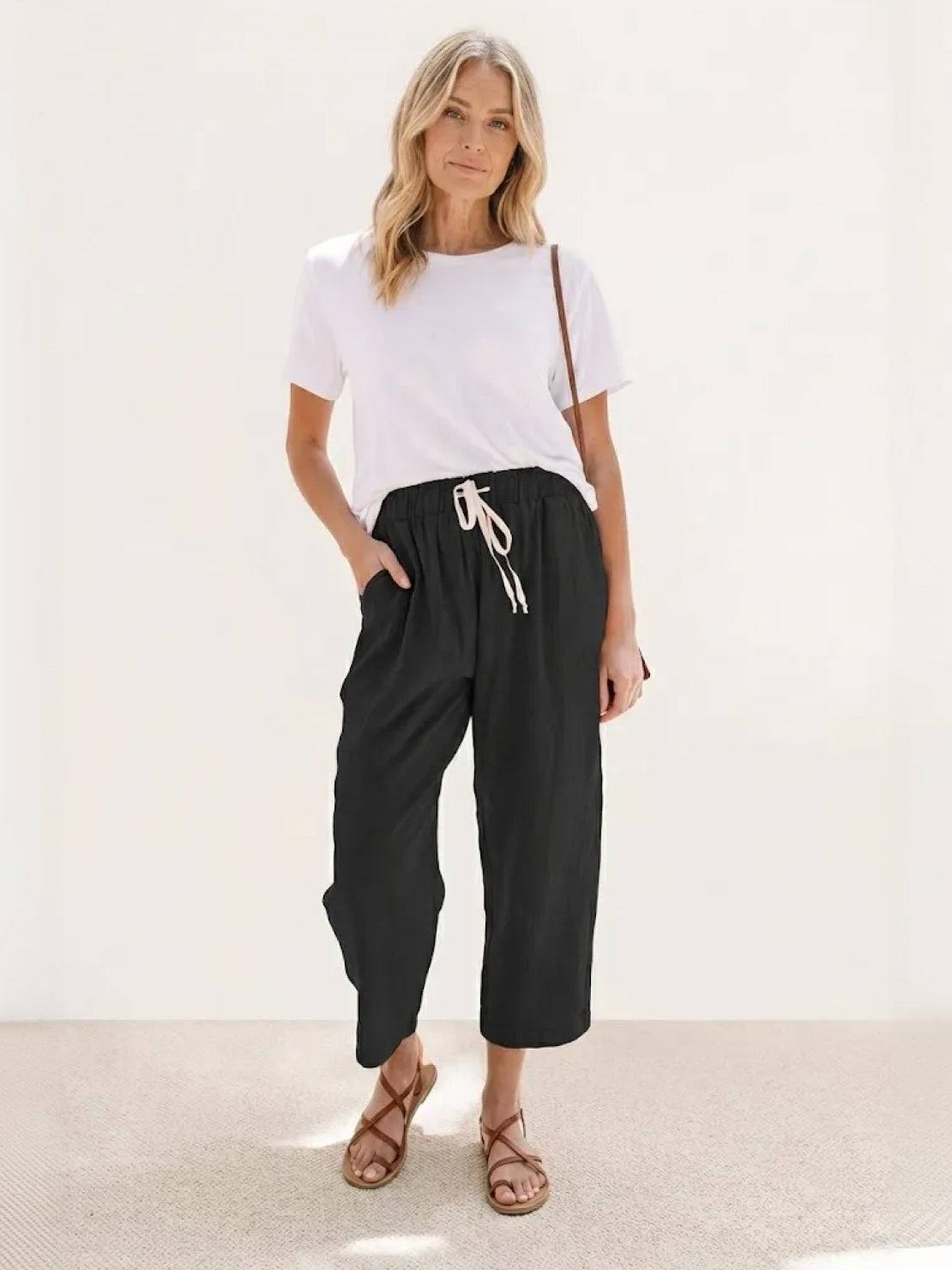 Odette | Women's Light Beige Linen Drawstring Ankle Pants