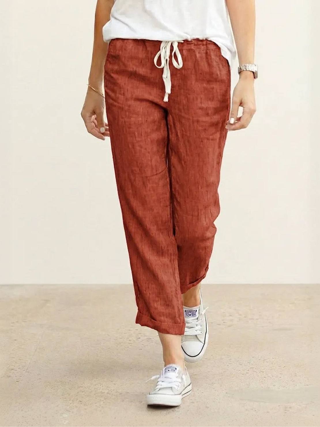 Odette | Women's Light Beige Linen Drawstring Ankle Pants