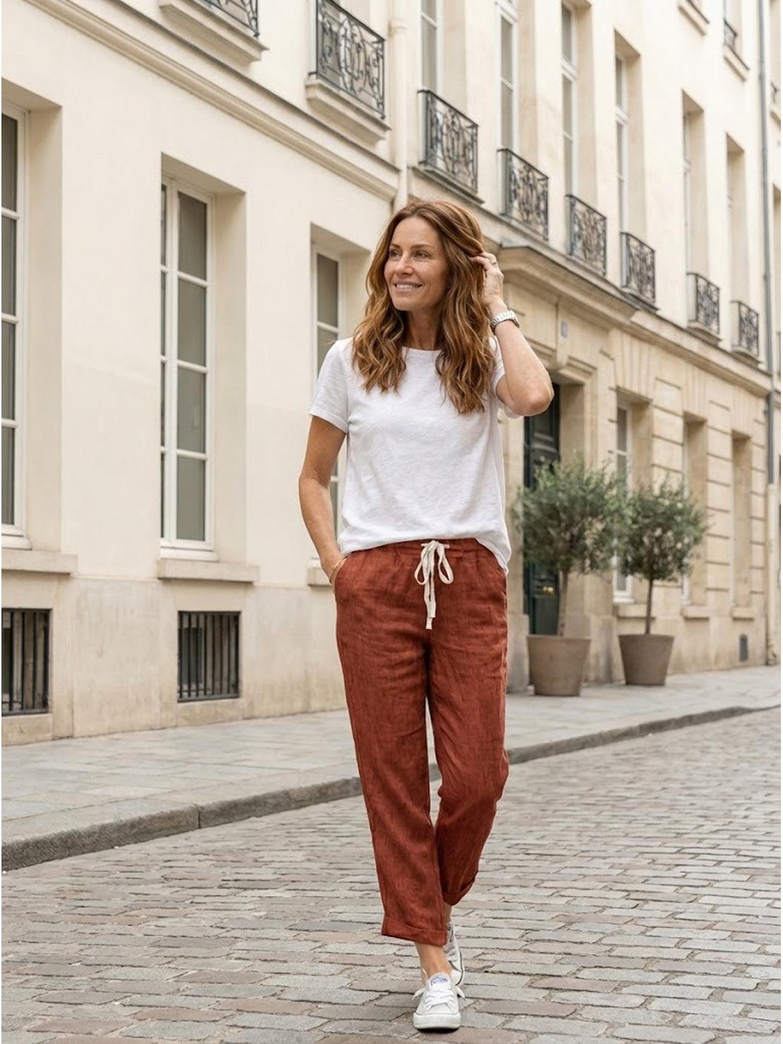 Odette | Women's Light Beige Linen Drawstring Ankle Pants
