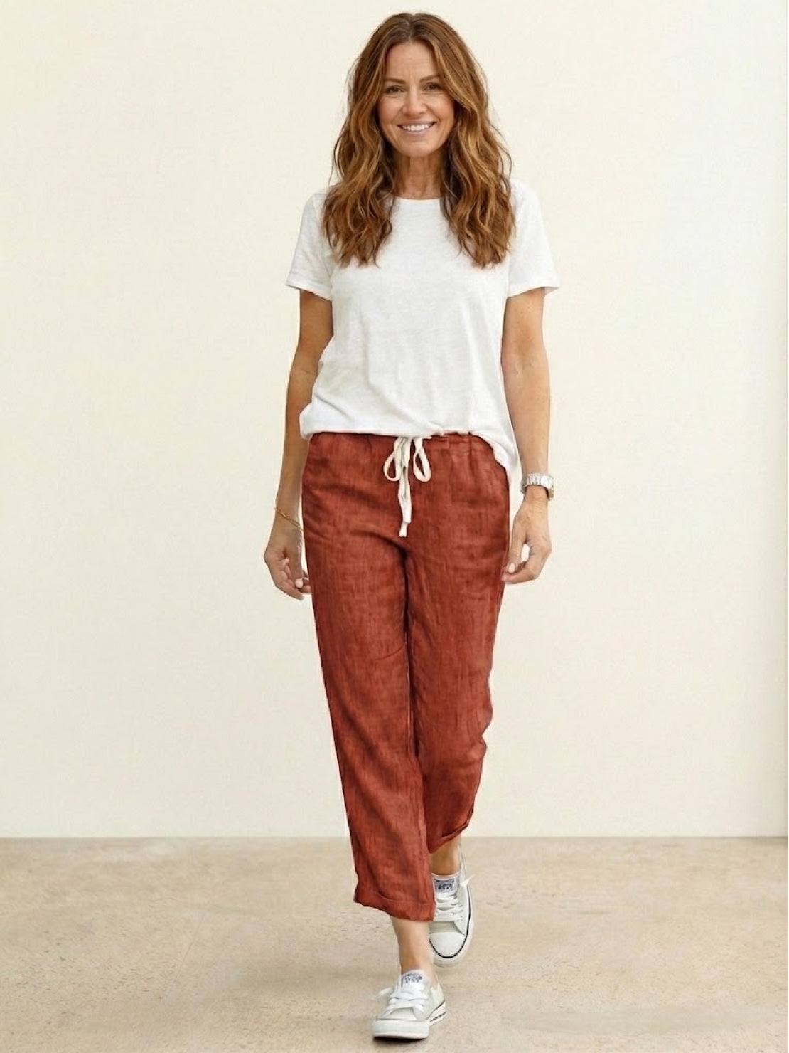 Odette | Women's Light Beige Linen Drawstring Ankle Pants