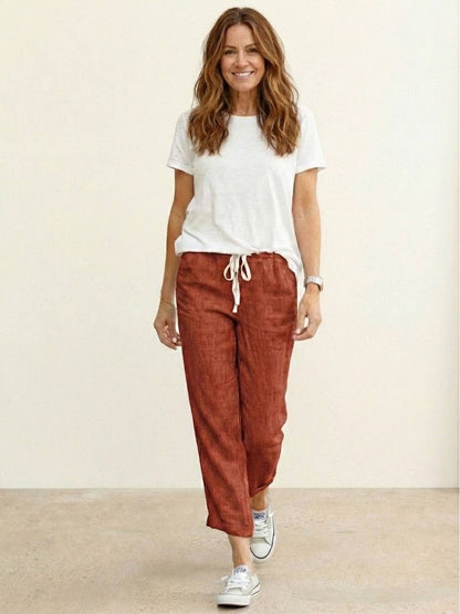 Odette | Women's Light Beige Linen Drawstring Ankle Pants