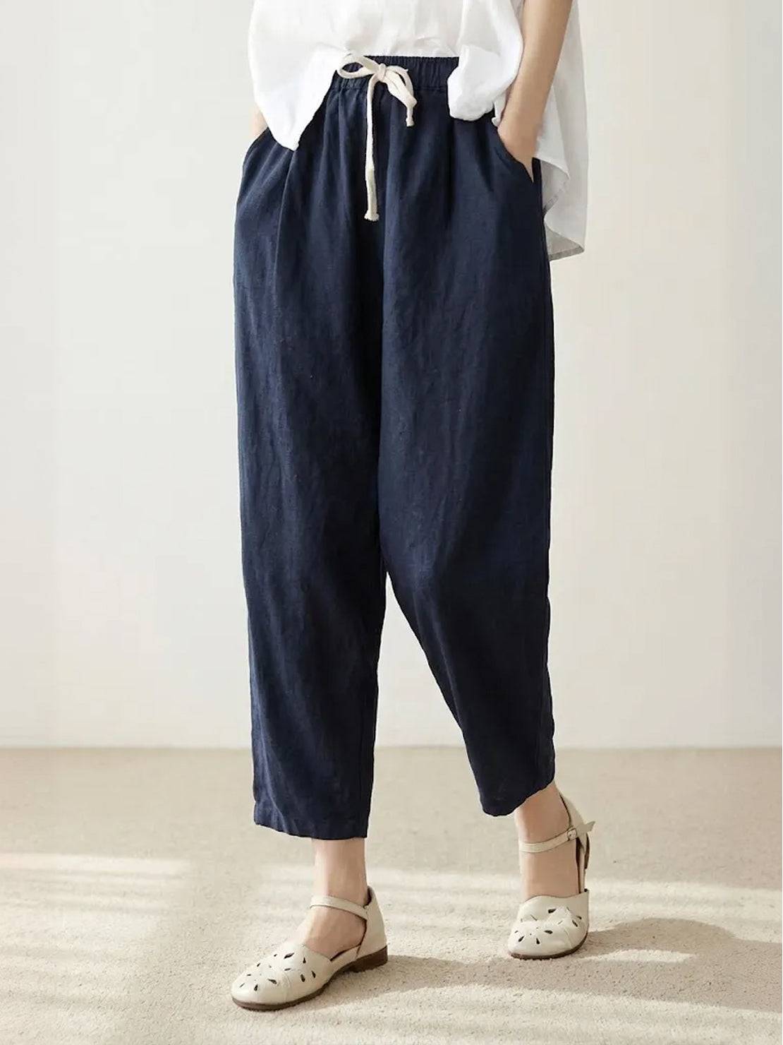 Odette | Women's Light Beige Linen Drawstring Ankle Pants