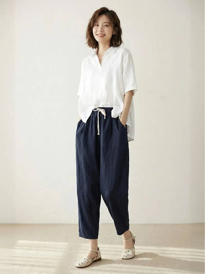 Odette | Women's Light Beige Linen Drawstring Ankle Pants