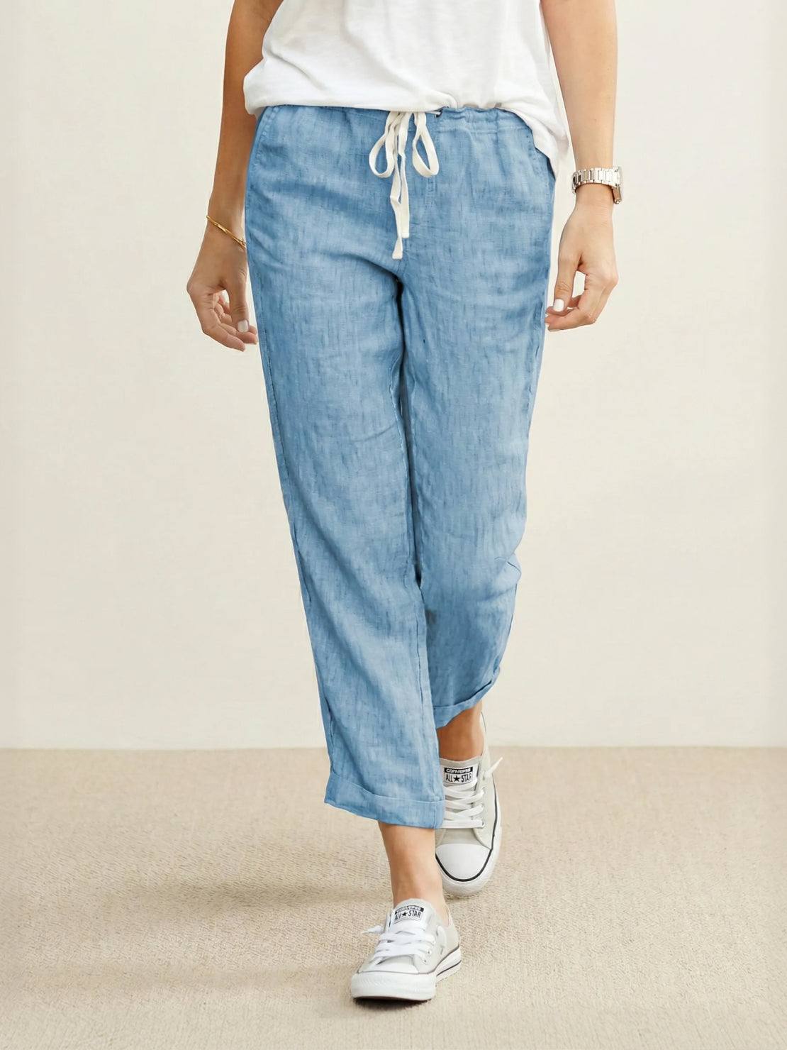 Odette | Women's Light Beige Linen Drawstring Ankle Pants