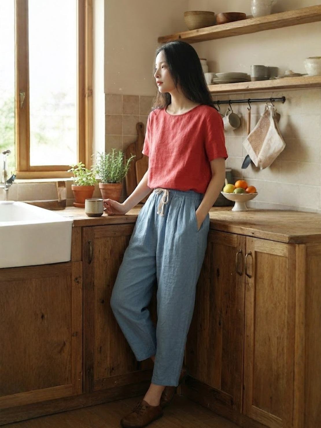 Odette | Women's Light Beige Linen Drawstring Ankle Pants