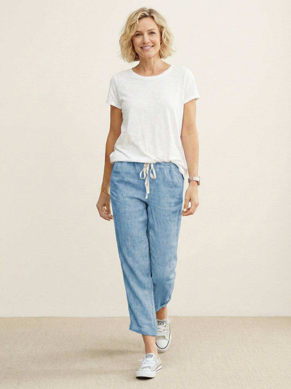 Odette | Women's Light Beige Linen Drawstring Ankle Pants