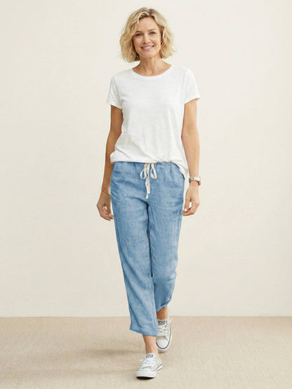 Odette | Women's Light Beige Linen Drawstring Ankle Pants