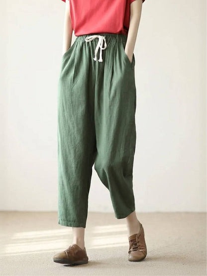 Odette | Women's Light Beige Linen Drawstring Ankle Pants