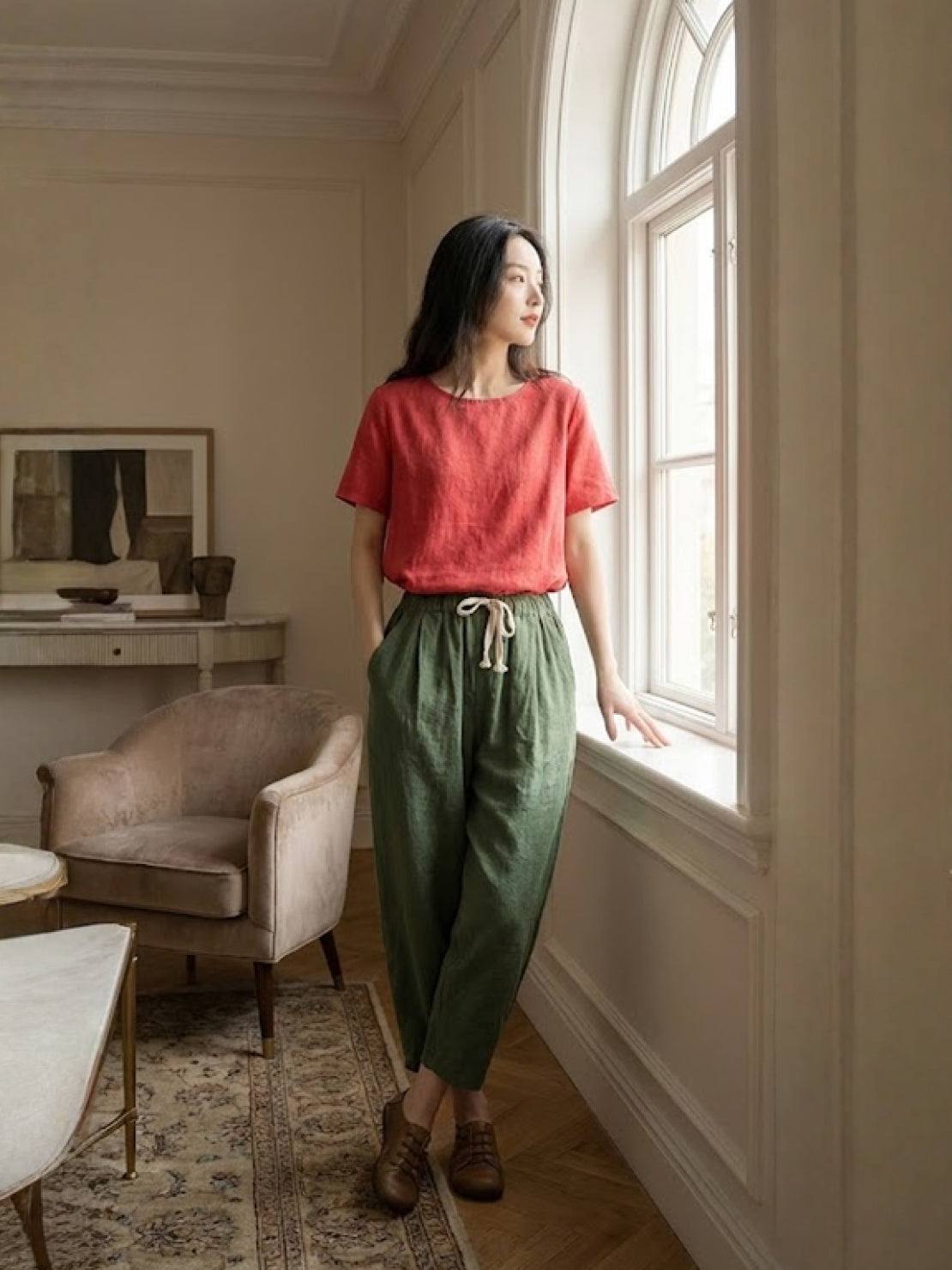 Odette | Women's Light Beige Linen Drawstring Ankle Pants
