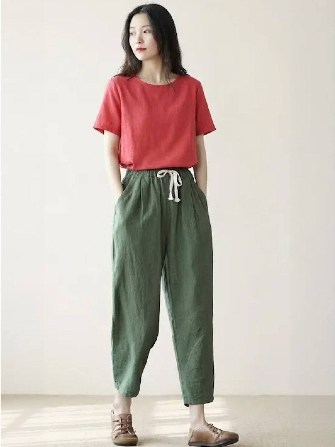 Odette | Women's Light Beige Linen Drawstring Ankle Pants
