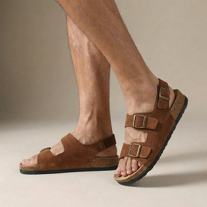 Kairos | Men's Orthopedic Suede Cork Sole Buckle Slingback Sandals in Taupe