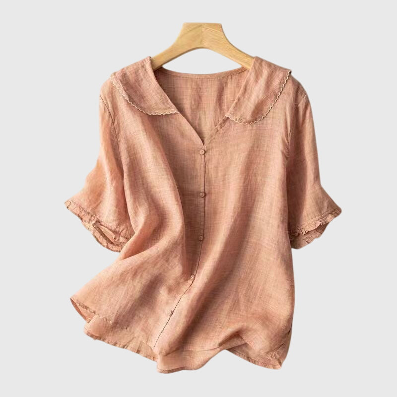 Alethea | Sophisticated Sage Green Linen Blouse with Peter Pan Collar