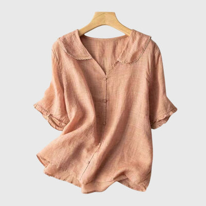 Alethea | Sophisticated Sage Green Linen Blouse with Peter Pan Collar