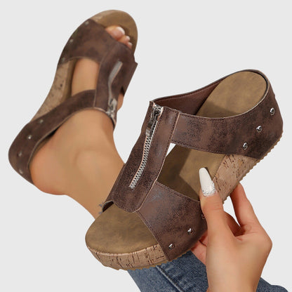 Calista | Beige Orthopedic Sandals with Cork Wedge