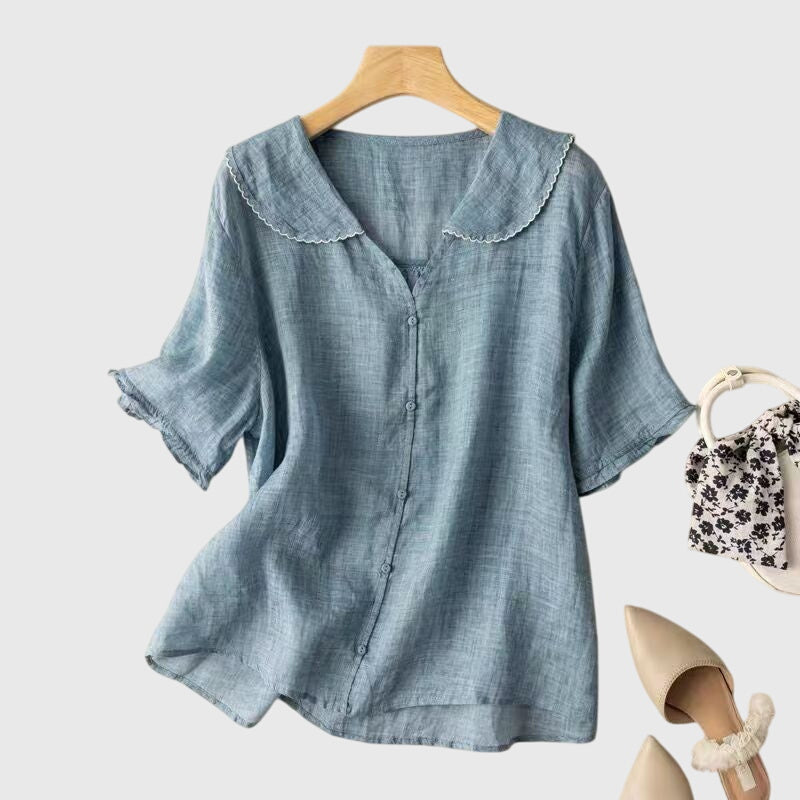 Alethea | Sophisticated Sage Green Linen Blouse with Peter Pan Collar