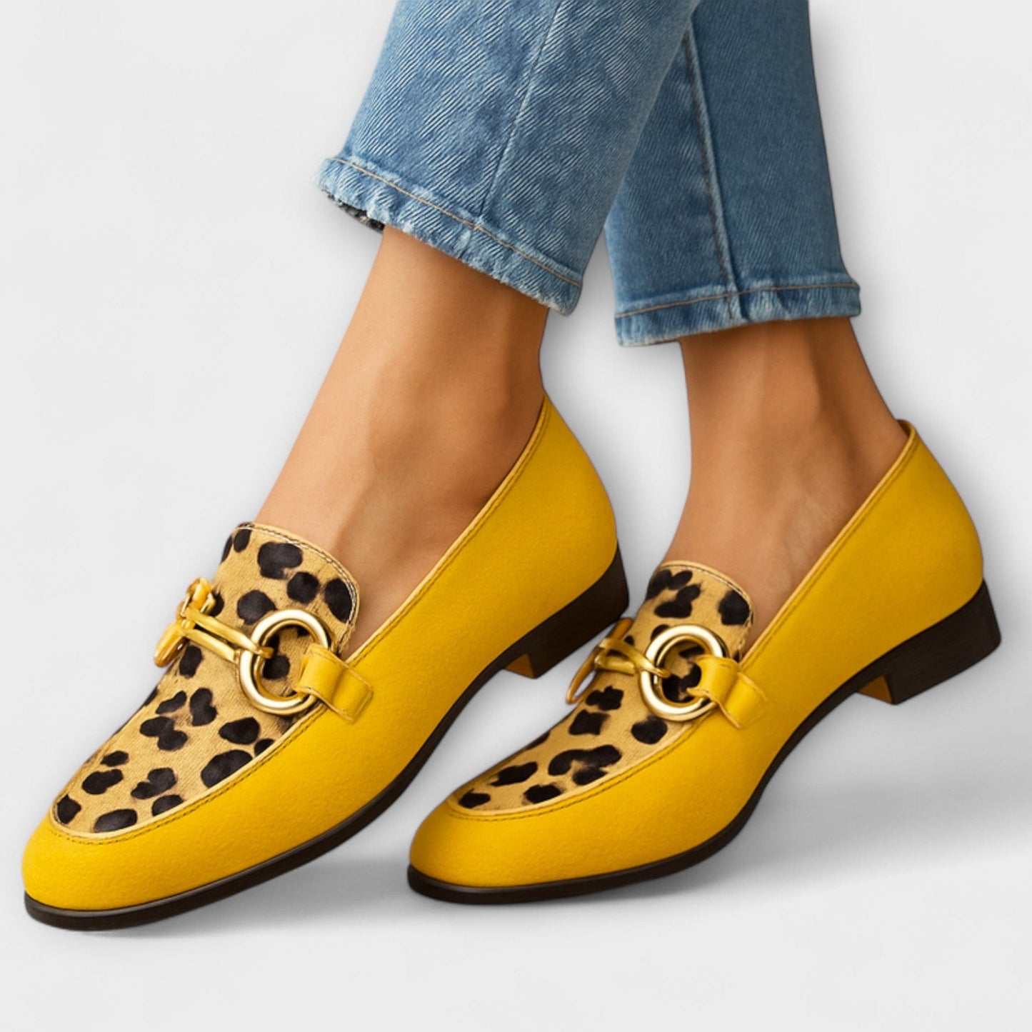 Calantha | Vibrant Yellow Loafers with Animal Print Accent