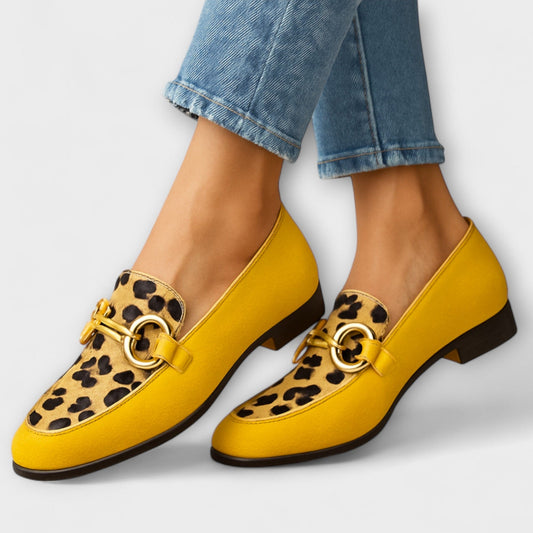 Calantha | Vibrant Yellow Loafers with Animal Print Accent