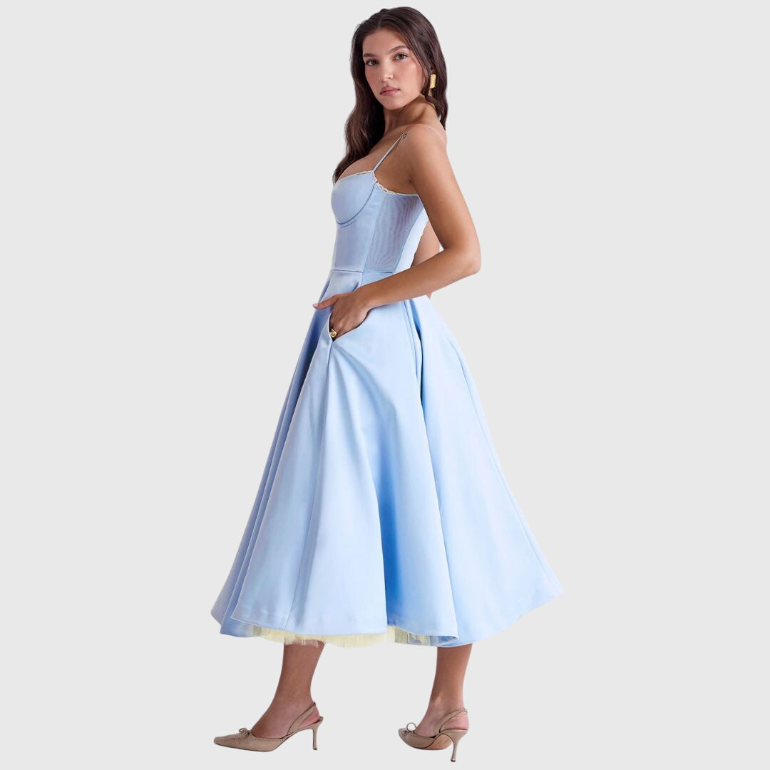 Astrid | Elegant Maxi Dress in Light Blue Satin