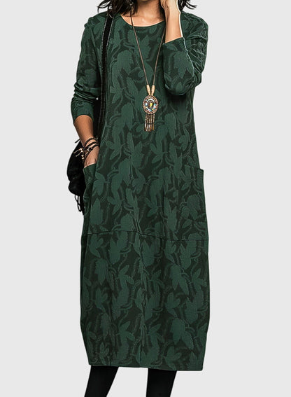 Astrid | Dark Green Floral Casual Round-Neck Dress