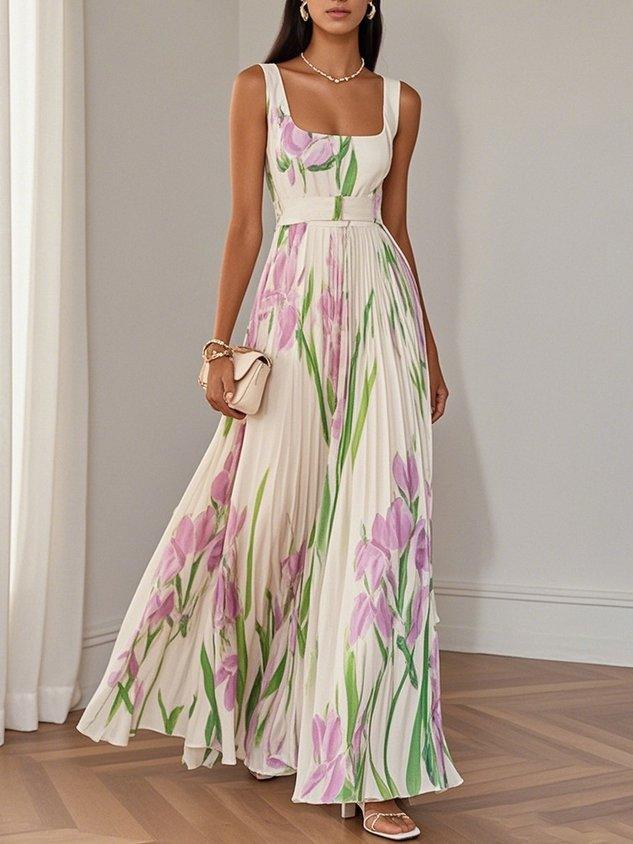 Astrid | Women’s Boho Floral Flowing A Line Dress in Soft White