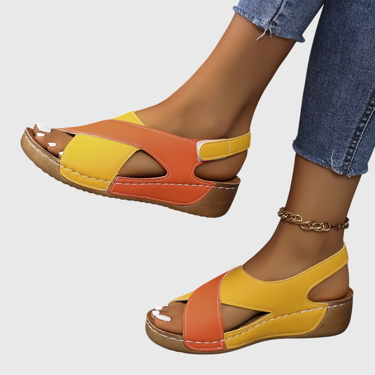 Calista | Orthotic Wedge Sandals with White and Navy Straps - Luxe Leather