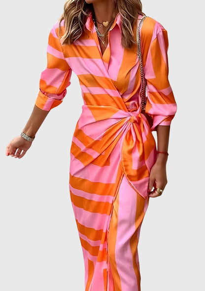 Alethea | Vibrant Orange Elegant Wrap Dress With Print
