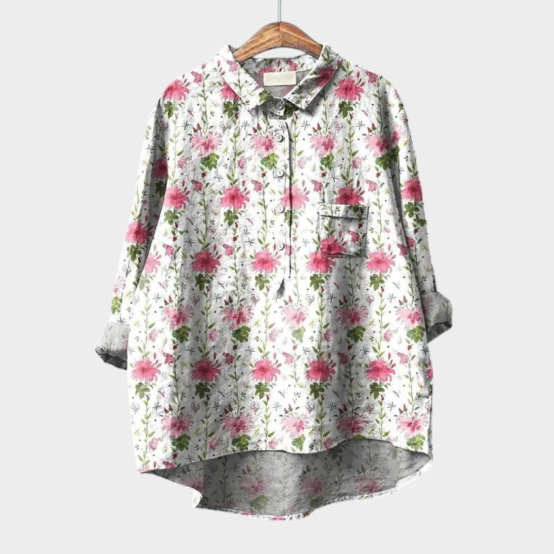 Calista | Blue Floral Linen Blouse