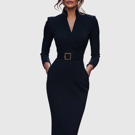 Calantha | Elegant Black Refined Midi Dress