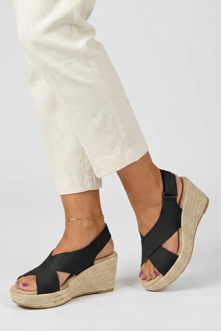 Aurelia | Black Leather Wedge Crossover Slingback Sandals