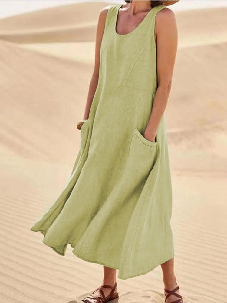 Astrid | Women's Sleeveless Linen Pocket Maxi Casual Dress in Beige