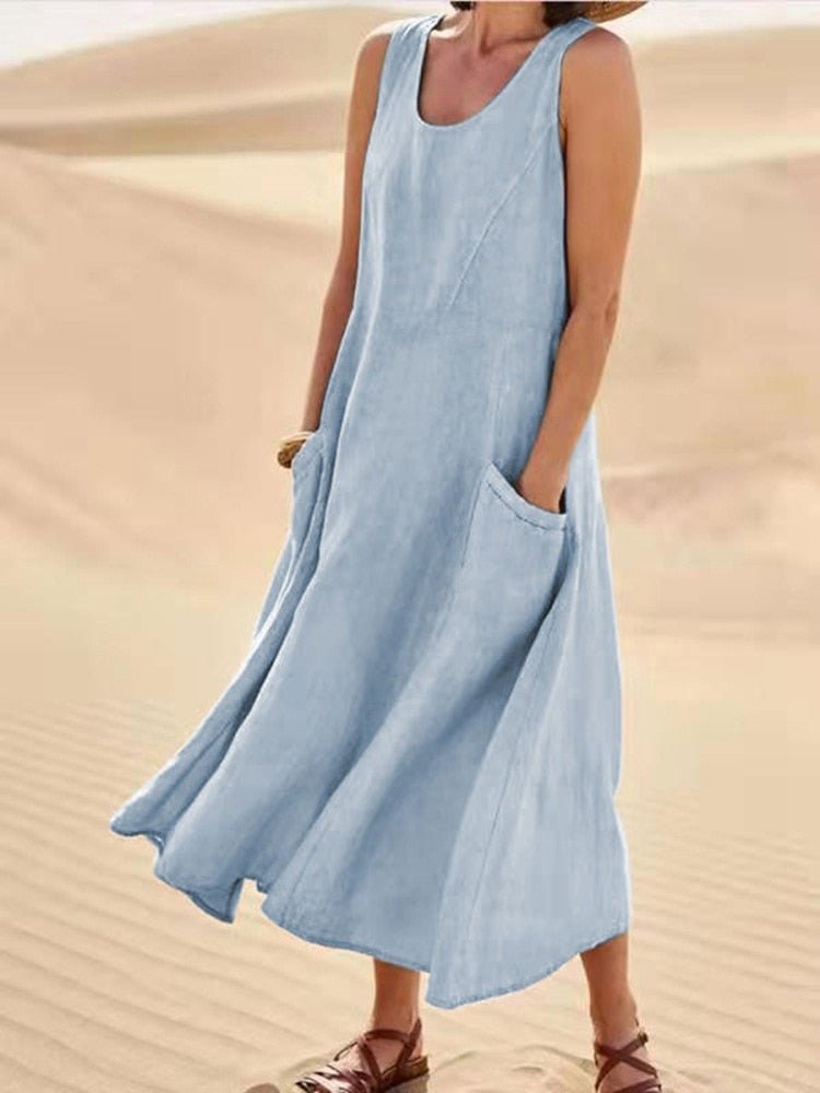 Astrid | Women's Sleeveless Linen Pocket Maxi Casual Dress in Beige