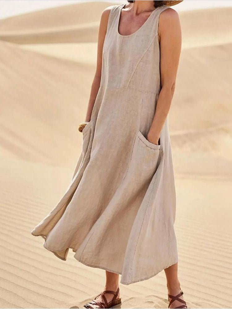 Astrid | Women's Sleeveless Linen Pocket Maxi Casual Dress in Beige