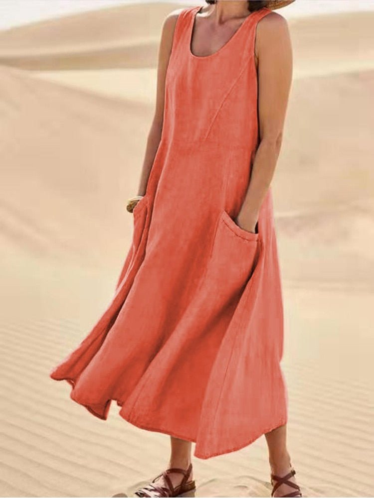Astrid | Women's Sleeveless Linen Pocket Maxi Casual Dress in Beige