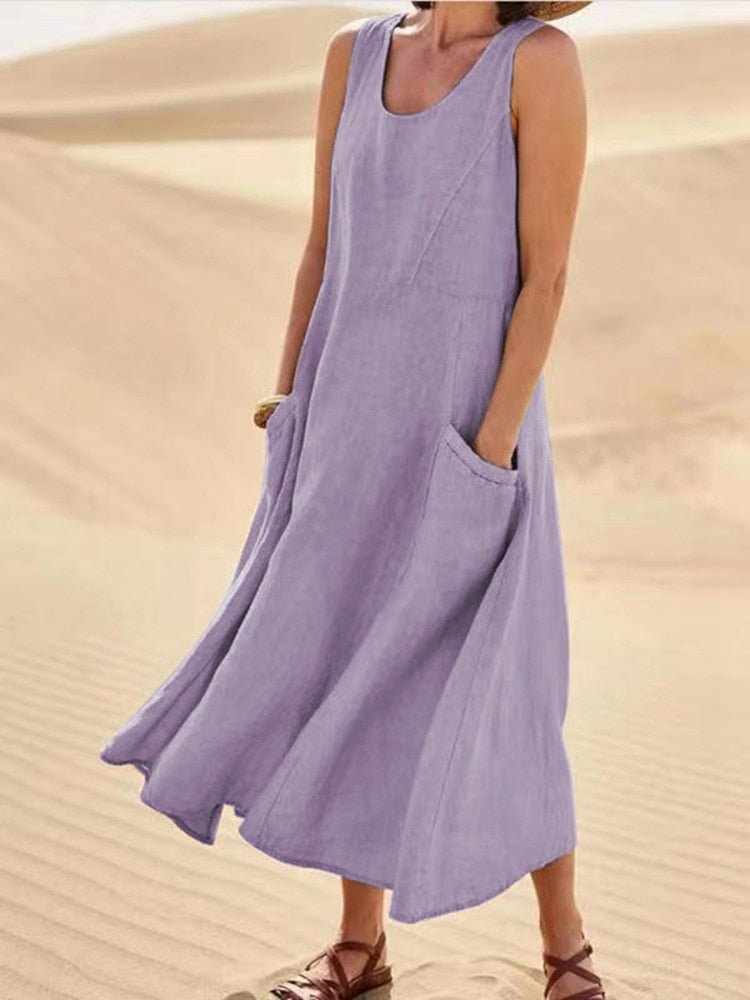 Astrid | Women's Sleeveless Linen Pocket Maxi Casual Dress in Beige