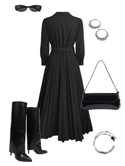 Aurelia | Elegant Black Pleated Everyday Elegance Dress