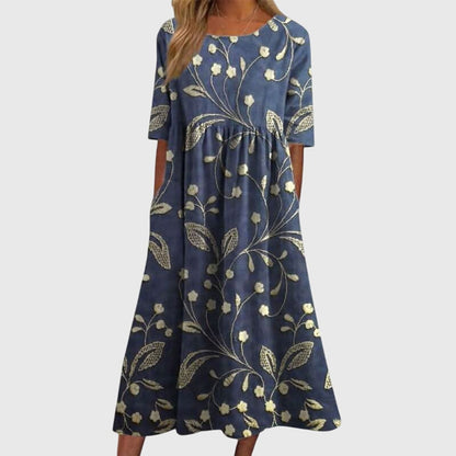 Calista | Elegant Navy Floral Flattering Dress
