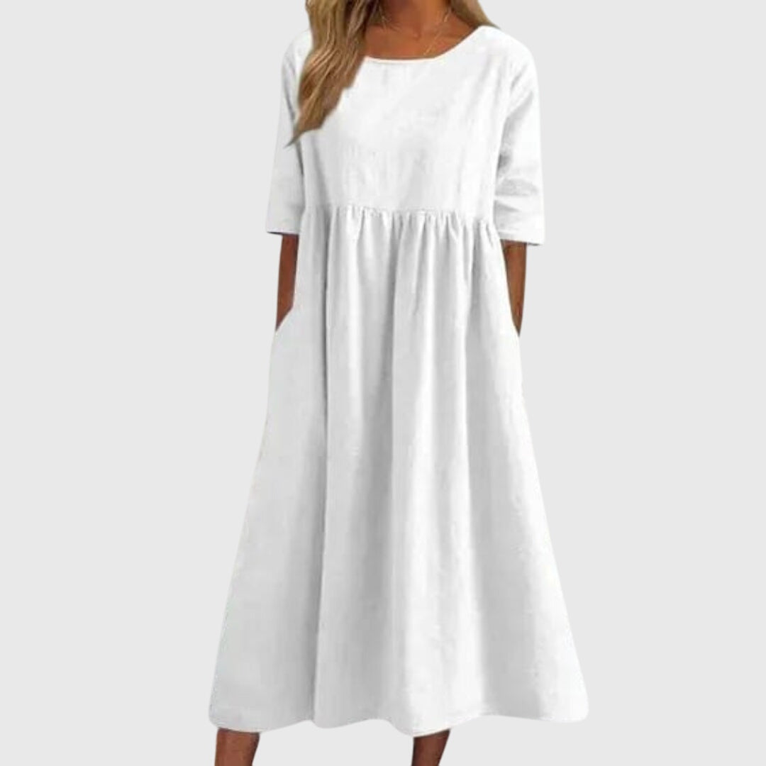 Alethea | Elegant White Linen Short-Sleeved Dress