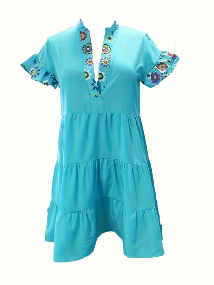 Alethea | Women’s Boho Ruffle Sleeve Mini Dress in Turquoise Floral