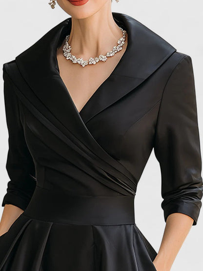 Astrid | Elegant Black Satin Midi Dress