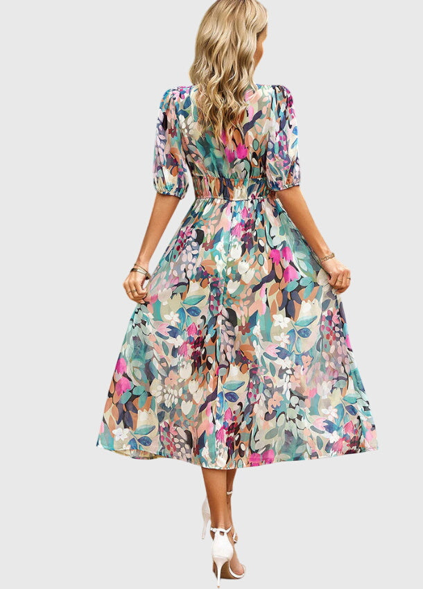 Astrid | Elegant Floral Midi Dress with V-Neck