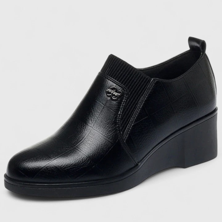 Calantha | Elegant Black Leather Wedge Shoes
