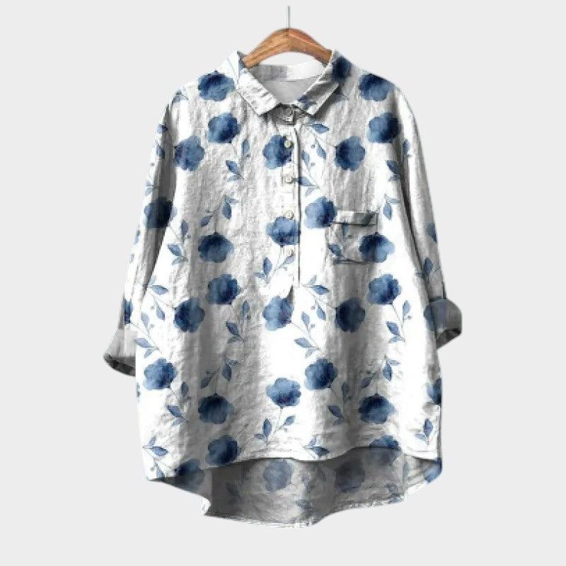 Calista | Blue Floral Linen Blouse