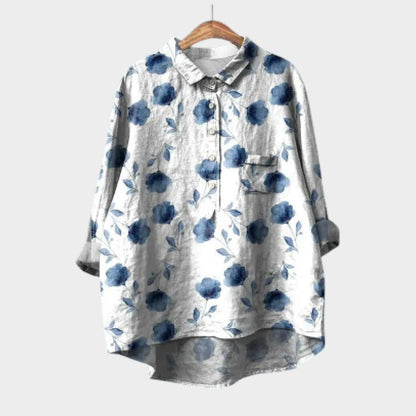 Calista | Blue Floral Linen Blouse