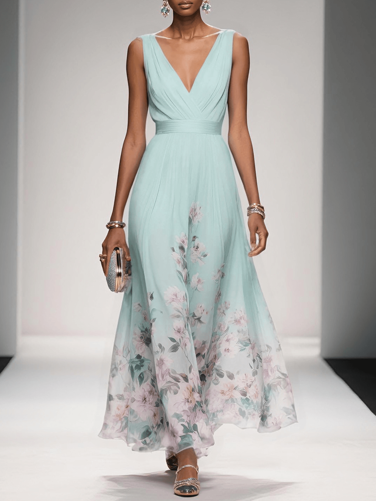 Calista | Women's Elegant Light Blue Floral Print Wedding Guest Dress