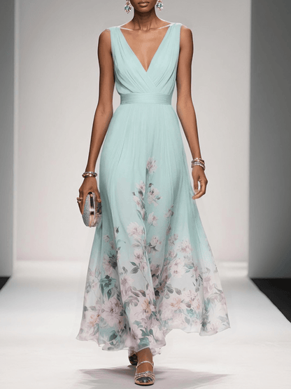 Calista | Women's Elegant Light Blue Floral Print Wedding Guest Dress
