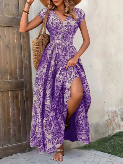 Alethea | Women's Boho Chic Beige Patterned Sleeveless V Neck Maxi Dress