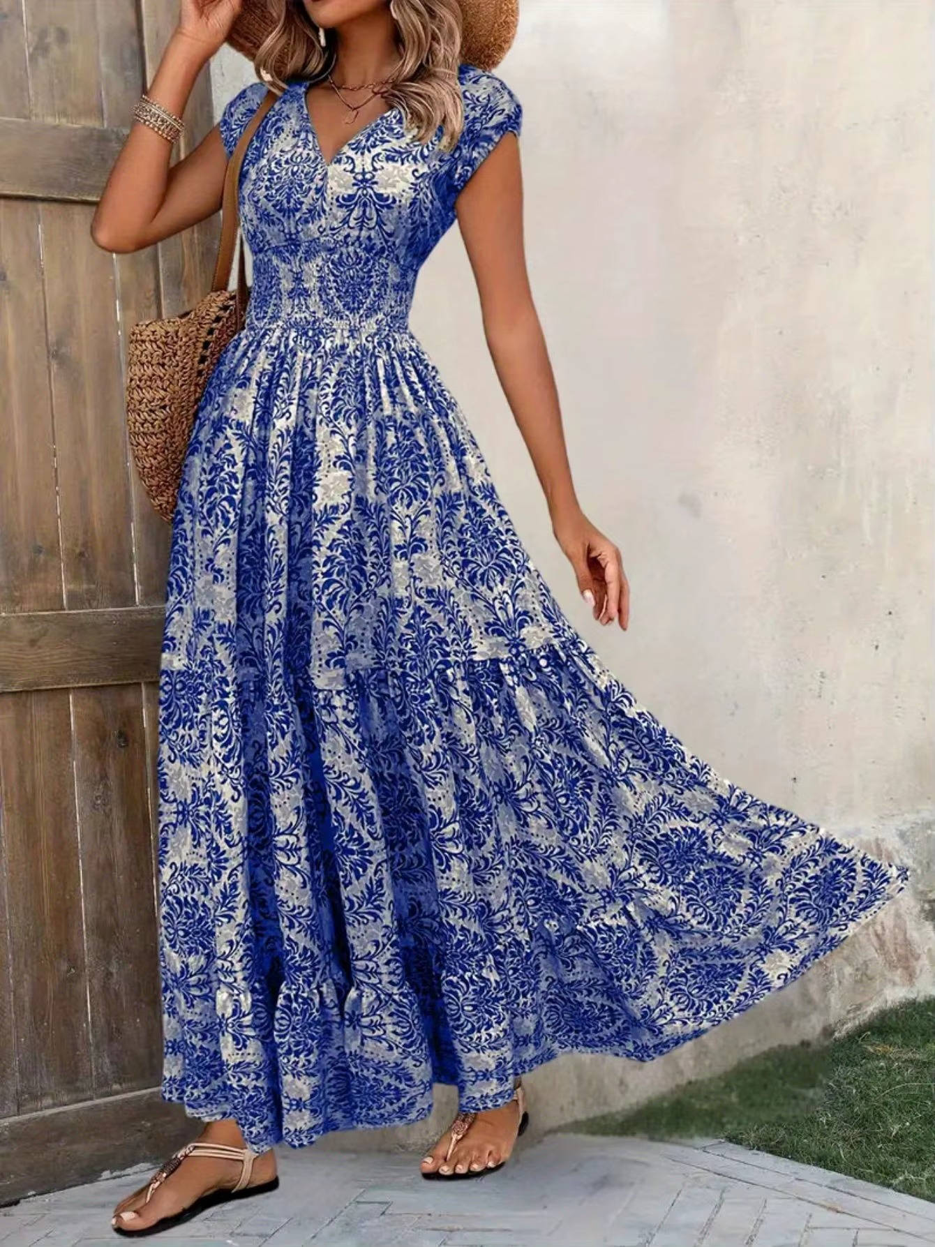 Alethea | Women's Boho Chic Beige Patterned Sleeveless V Neck Maxi Dress