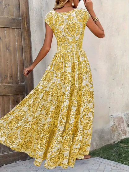 Alethea | Women's Boho Chic Beige Patterned Sleeveless V Neck Maxi Dress