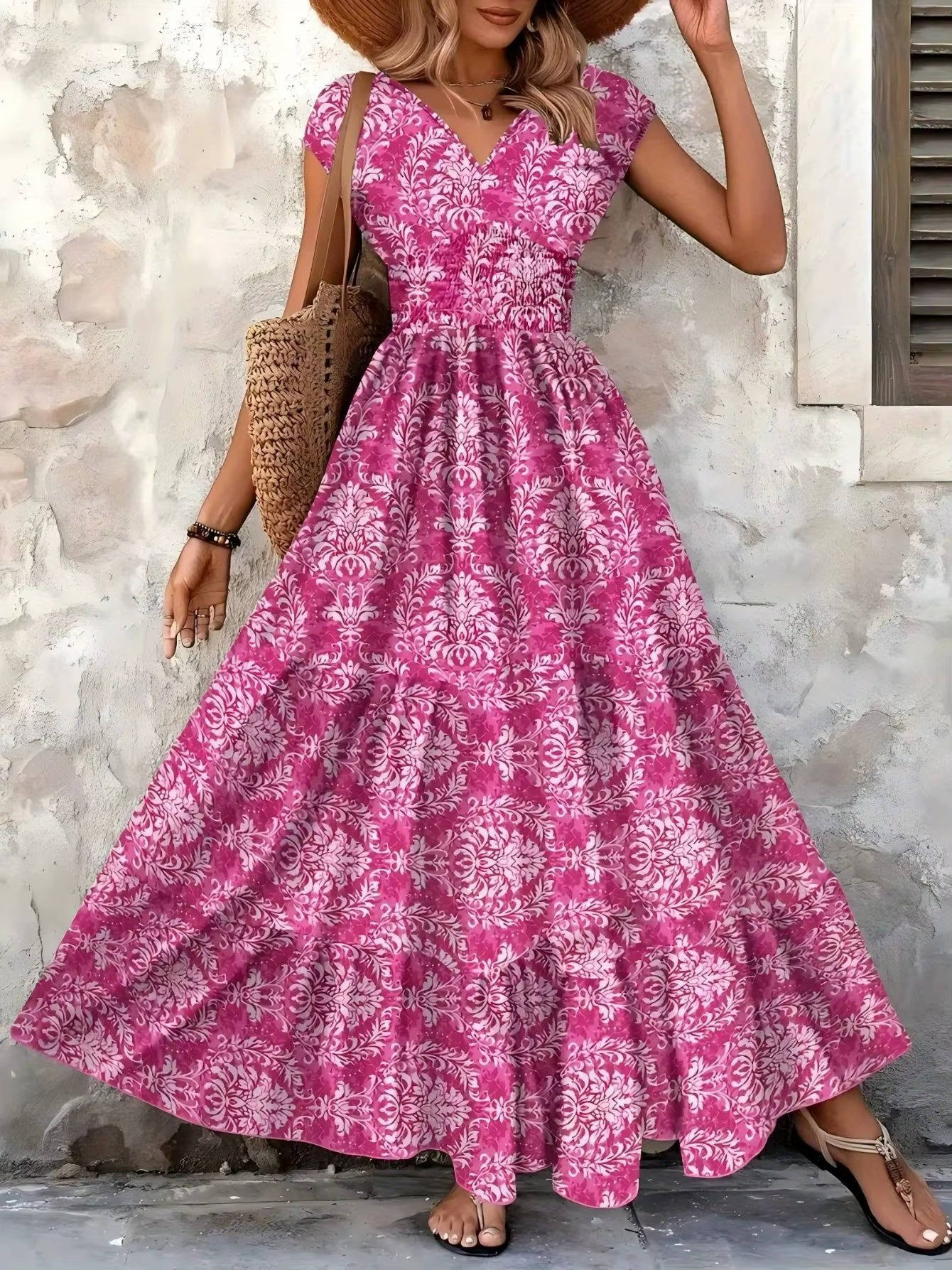 Alethea | Women's Boho Chic Beige Patterned Sleeveless V Neck Maxi Dress